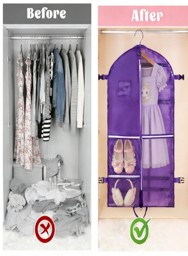 FrexCheng 40" Dance Garment Bag for Kids - Hanging Waterproof Garment Bag with 5 Clear Zipper Pockets & ID Window, Portable Foldable Clothes Bag for Dance Costumes, Skating, Cheer, Pageants (purple, buckle) - Image 4